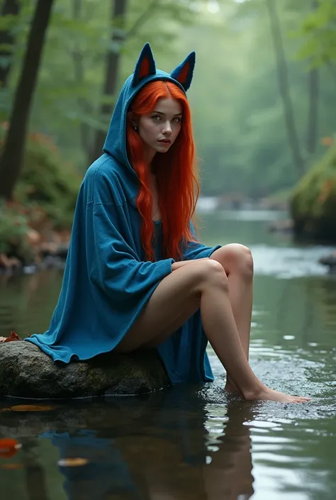 8k, best quality, (photorealistic:1.4), raw photo, 1girl, red hair, animal ears, blue hooded cape, ears sticking out, pose: sitting on a rock in a forest river, yellow eyes,  -