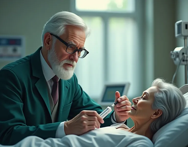 A middle-aged male doctor with glasses and a well-groomed white beard, wearing a dark green jacket over a dress shirt and tie, is holding an injection in his hand. He has a serious expression as he prepares to administer the injection. In the background, a...