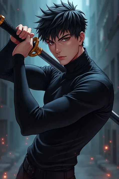 Anime sword handsome boy with black clothing 