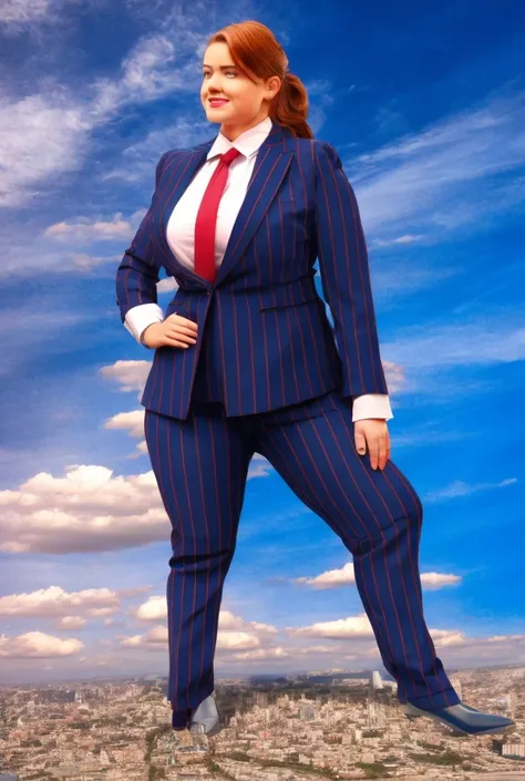 Giantess art, tera giantess in distance walking on countries, young women with beautiful curves, massive thighs, ginger hair, lipstick, wearing a perfect form-fitting loght grey pinstripe trouser suit and blazer, crisp white shirt with large spread collar,...