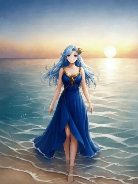 ((best quality)), ((masterpiece)), (detail), 1girl, girl with ice blue hair, zambrut emeral-colored eyes, goddess of the sea, goddess of beauty, greek goddess, graceful woman, hair blowing in the wind, smiling sweetly, seascape background, hairpin, on the ...