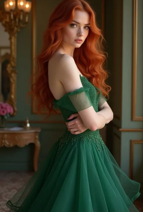 20 year old girl with red hair, She has brown eyes and wears expensive green dresses.