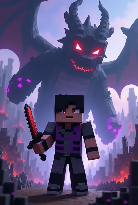 Create me a Minecraft style profile picture, with a black hair skin, red eyes, a purple vest and a dark gray shirt underneath, black pants and black sneakers, make him fight the Ender Dragon and full of details