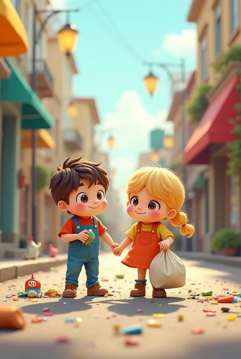 Cute cartoon characters, a brunette boy and a blonde girl picking up trash together in the street