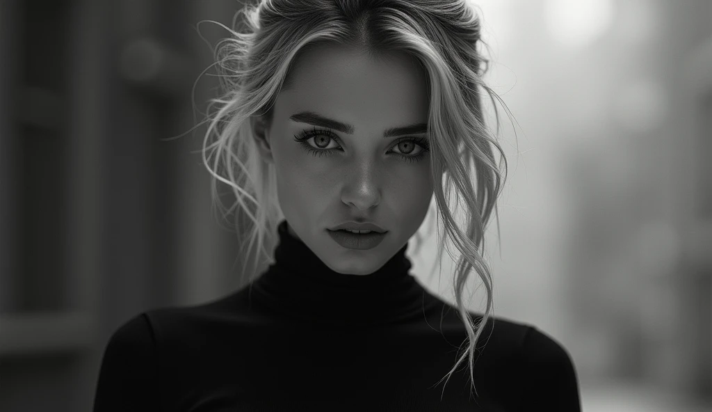 A woman with blonde hair and a black top, whose face resembles Elena Belova, Emma Andijewska style of photography.