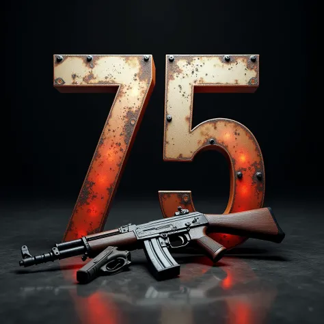 can you make me a three-dimensional poster with the words "75", with an ak47 and a pistol on the ground?