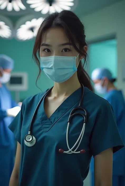 A young woman with dark brown hair, exuding charm and sophistication. She stands in a surgical ward dressed in dark blue scrubs and a surgical mask covering the lower half of his face, underscoring her seriousness in medical duties. Her posture is upright,...