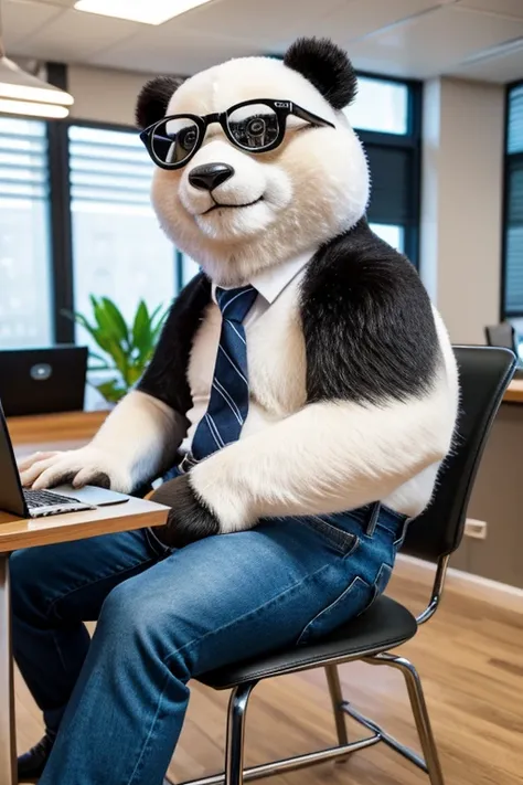 a real panda,panda wearing shirt and tie,panda wearing blue jeans,panda wearing glasses,panda sitting in front of laptop,panda sitting on chair,table in front of panda,laptop on table,(best quality,4k,8k,highres,masterpiece:1.2),ultra-detailed,(realistic,p...