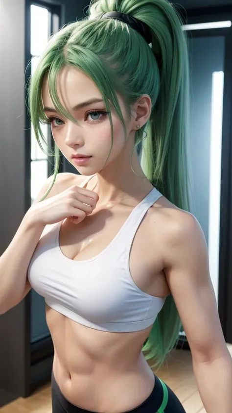 (best quality) (whole body: 1.2) , 8k, realistic 1.2, girl, , green hair tied in a ponytail, serious face, wearing a white sports bra that shows off her washboard abs, black yoga pants, scene of a room with light blue walls, bright colors, beautiful detail...