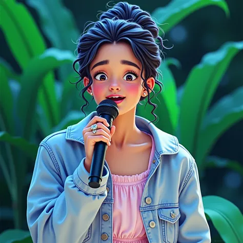 An 1 mixed race girl with coffee colored skin, curly hair, a bun, hair that falls down, pink dress and denim jacket. Bagues au doigts chante. Green plants and lights in the background 