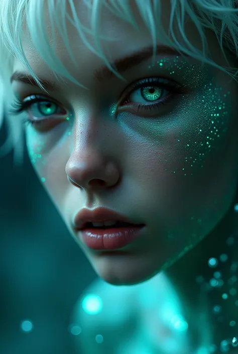 close up of a manhua boy, face, glowing blue fish scale onto the skin. intense gaze, Realistic resources. darkness background, fantasy aesthetic. futurist, fantasy atmosphere. Photorealistic rendering, dramatic lighting, sharp contrast, water, merman , pea...