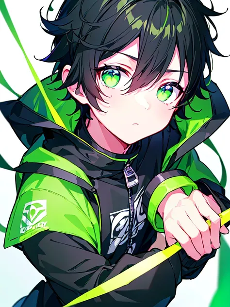 [(WHITE BACKGROUND:1.5),::5], (((masterpiece))), high quality, ultra_very_high_resolution, large_filesize, (upper body), (green base), full color, ((solo)), ((little boy)), (((mens black short hair))), green eyes, anime, neon light, black parka,