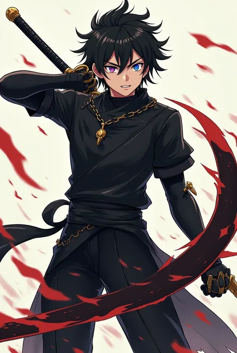 Anime sword handsome boy with black clothing with full body image with golden rainbow eye with shape shifting sword in 
Simple standing sword position black warrior clothing more cool and hot with indian dark toon face with half sleeve 