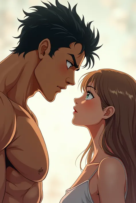  Astonished muscular guy looking at a girl, in profile, anime.

