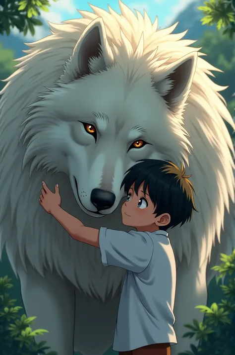 anime, black haired boy cuddling over huge wolf free 