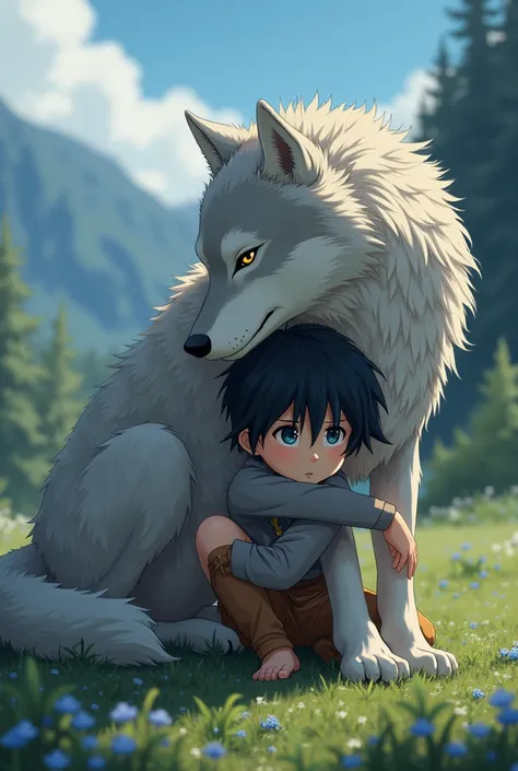 anime, Black haired boy huddled over huge grey wolf