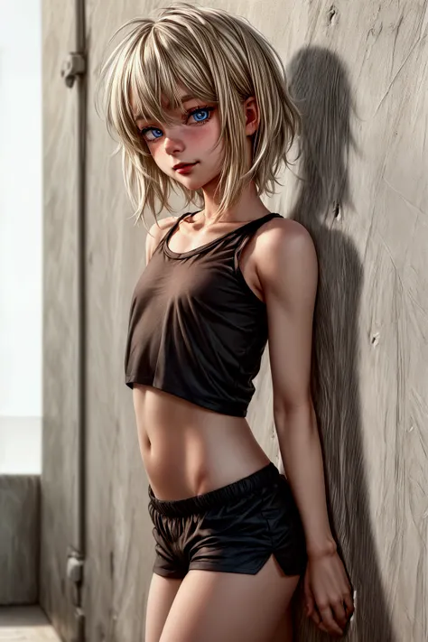 Anime style, Highres, Masterpiece, Best quality at best, Best Quality, hight quality, hight detailed, 1boy, blonde boy, boy body, cute boy, femboy, female physiognomy, front view, looking at viewer, detailed light blue eyes, short hair, messy hair, bangs, ...