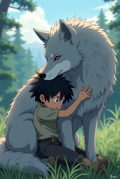 anime, Black haired boy huddled over huge grey wolf