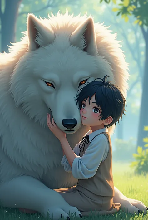 anime, Black haired teenager cuddling with huge grey wolf