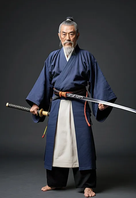 Full body description、8、Elderly Japanese、Martial arts master grandfather、Growing a beard、Sharp Eyes、live-action、photograph、白黒photograph、Master of Swordsmanship