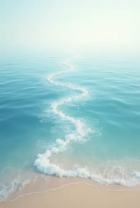 Create an image which shows two seas across slowly coming towards each other for bending with each other (silen, peacefull, thin layer beach side, diagonal top view)make it sky colour and artistic form and less scary more peaceful show sand 