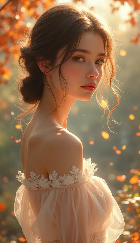 (agnessesil,glowing design,pastel tones,ink drops,autumn lights) (best quality,ultra-detailed,highres,realistic:1.37),feminine,charming woman,natural beauty,expressive eyes,soft lips,flowing hair,long eyelashes,graceful pose,dreamy atmosphere,beautiful gar...