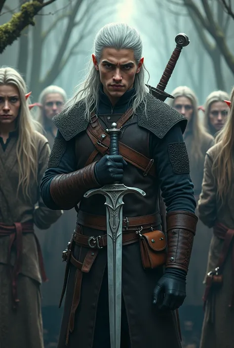 young man, in the Witcher costume, holds a silver sword in his right hand, in the left hand is an amulet "Wolf School", looks at the viewer, HD quality, high resolution, stands surrounded by elves, hair white, almost gray, Amber eyes, witcher&#39;s pouch o...