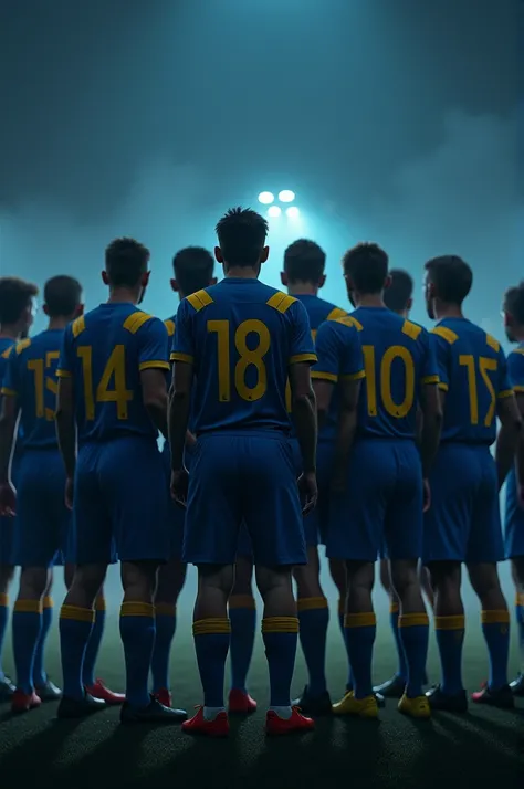 Football team, night, backsides, 13 players, blue and yellow jerseys, no names 