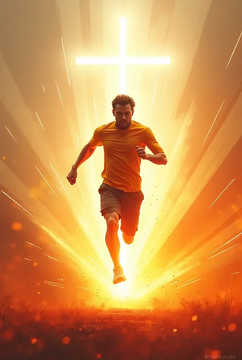 A person mid-jump or sprinting with light streaks or dynamic lines around them to suggest motion. Behind them, a soft, glowing cross or rays of light that subtly symbolize faith. The text reads, "Worship Beats for Strength!"
Colors: Bright oranges, yellows...