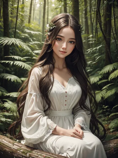 a happy girl with long hair in a white dress sitting on a log in a forest, surrounded by friendly forest animals

(best quality,8k,highres,masterpiece:1.2),ultra-detailed,realistic,photorealistic,photo-realistic:1.37,HDR,UHD,studio lighting,ultra-fine pain...