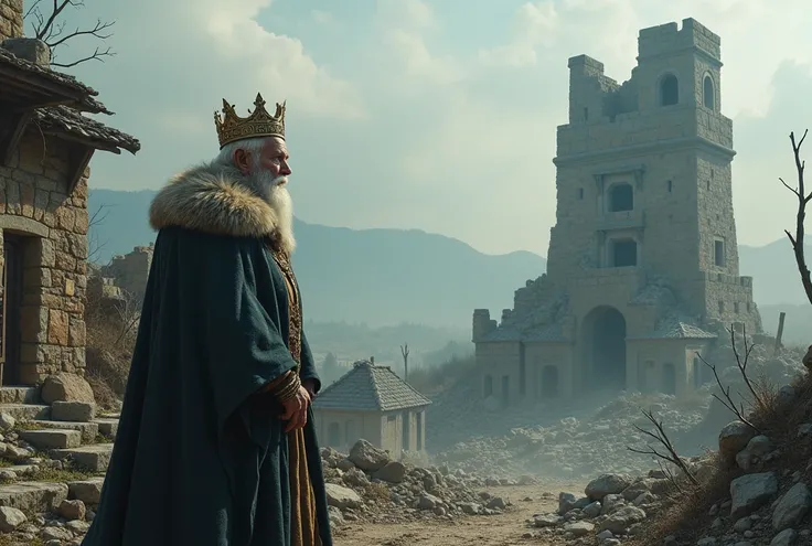 An old King wearing a crown has come to visit the fallen and destroyed tower surrounded by the damaged, destroyed houses in a sad mood 