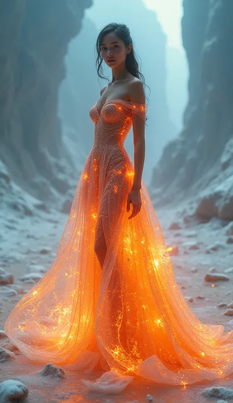 full body shot, wide angle shot, evening gown made of ice and fire, extremaly detailed, ice and fire together, fantasy art, realistic, beautiful model presenting a gown made of ice and fire, (best quality,4k,8k,highres,masterpiece:1.2),ultra-detailed,(real...