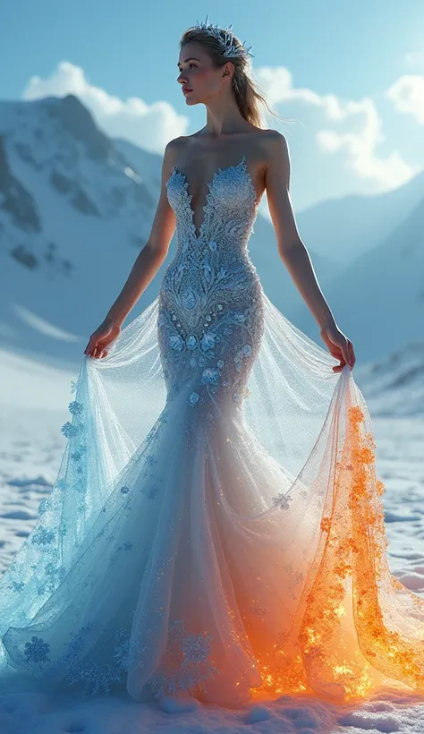 full body shot, wide angle shot, evening gown made of ice and fire, extremaly detailed, ice and fire together, fantasy art, realistic, beautiful model presenting a gown made of ice and fire, (best quality,4k,8k,highres,masterpiece:1.2),ultra-detailed,(real...