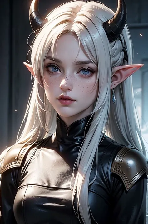 cold and evil facial expression, double ponytail, bangs, white demon horns, a close up of a big female, calm expression, portrait, big tall mature body, medium length hair, bangs, two ponytails sexy big body, very tall, big body, mature face, big elf femal...