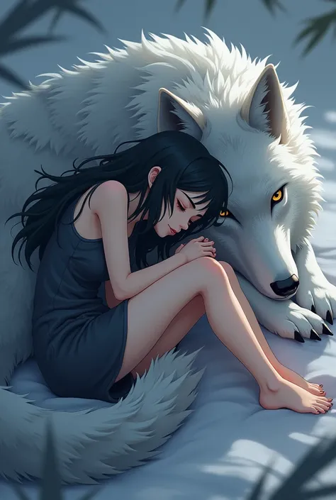 anime, black haired teenager, Curled up, lying down, with gray wolf