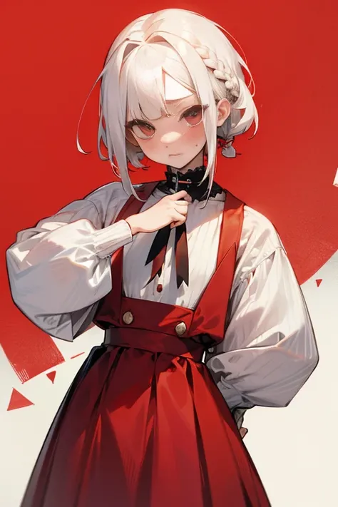 Short white hair, blush, ゴシック調のClothes、Punk Fashion、Clothes、front、Superior。Red dress、Background white、Braids、