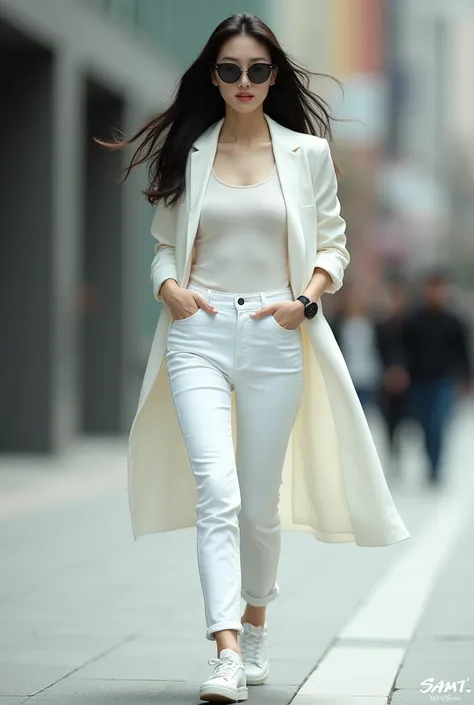 Cinematic photorealistic of a beautiful Korean woman with smooth white skin, perfectly groomed face, long black hair flowing freely, walking aggressively while smiling, wearing cool sunglasses... ,clean white coat outfit rolled up at the elbows, white shoe...