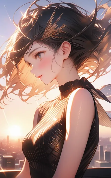 "サンセットカクテルアワー"
プロンプト: "Hyper-detailed nano-textured sun-kissed beauty in 8K resolution, showcasing intricate sunset-hued bodycon dress patterns and vibrant golden hour lighting. The scene features a rooftop bar with panoramic city views, the woman raising ...