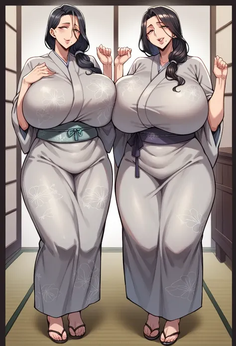 there are anime characters with huge breasts standing on the floor wearing grey tight kimono,bedroom background, 2girl, mature f...