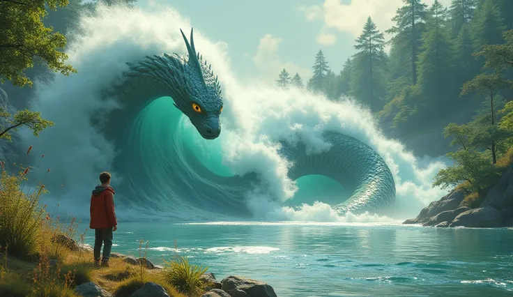 A stunningly detailed high-contrast 3D rendering 
The serpent being swept away by a powerful wave created by Finn’s wind. Finn stands on the riverbank, watching as the creature is carried far away.*
  the scene is bathed in a soft, sweet colored day light,...