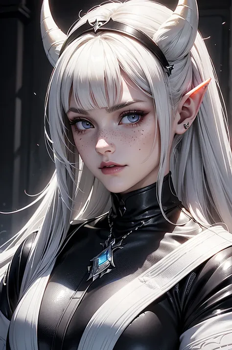 cold and evil facial expression, double ponytail, bangs, white demon horns, a close up of a big female, calm expression, portrai...