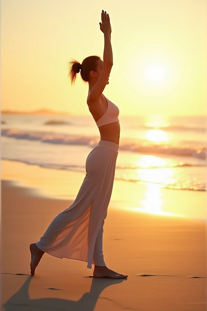 Yoga girl on the beach at sunrise 