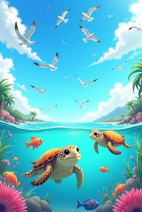 Line stamp specifications、anime、Hawaii ocean water surface、Colorful tropical fish jumping on the water surface、On the shell of a cute young sea turtle、White fluffy seagulls on board、Having a fun conversation with a sea turtle、There are lots of seagulls fly...