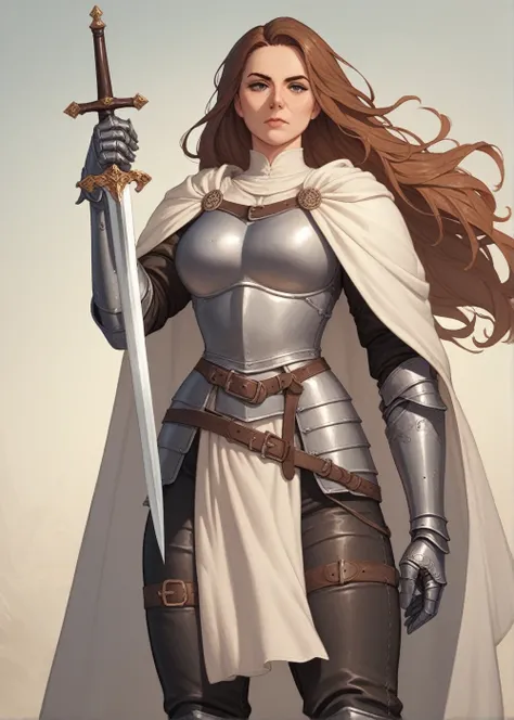 1woman, very long brown hair, mature, wearing medieval clothes, white cloak, metal armor, medieval armor, armor on legs, armor on thighs, wielding thin blade, thin sword, leather under armor, leather pants, white cloth, 