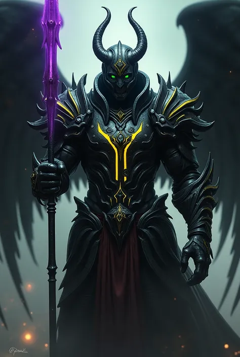 A dark angel in armor with a purple spear and green eyes and yellow stripes. 