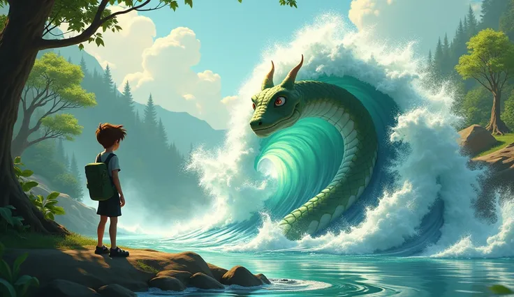 A stunningly detailed high-contrast 3D rendering 
The serpent being swept away by a powerful wave created by Finn’s wind. Finn stands on the riverbank, watching as the creature is carried far away.*
  the scene is bathed in a soft, sweet colored day light,...