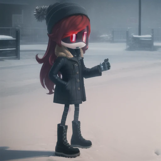 android, robot, mechanical arm, glowing, red eyes, red hair, beanie, worker drone, long hair, spiky hair, solo, standing, black trench coat, black boots, hands in pockets, snowy weather,