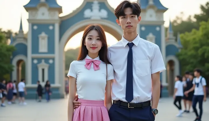 A photo of a Korean couple in their 20s taking a commemorative photo in front of the theme park entrance. Behind the back is the gate-like entrance to the theme park. The woman has a very excited face, and the man has a disapproving expression that relucta...