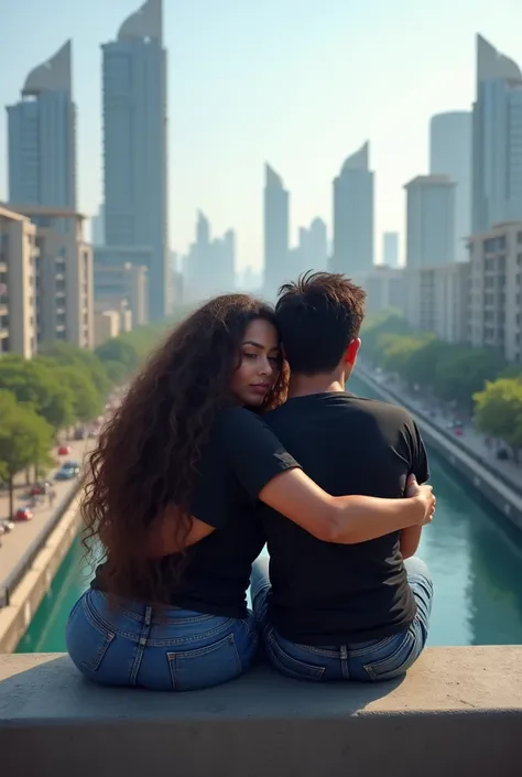 (photorealism:1.2), beautiful woman, sitting on bridge  wall both were wearing a black tshirt and blue jeans, long curly hair, indoors, with a his boyfriend sitting in a bridge (pdpu bridge) girl put her head on his shoulder and watching a view and picture...