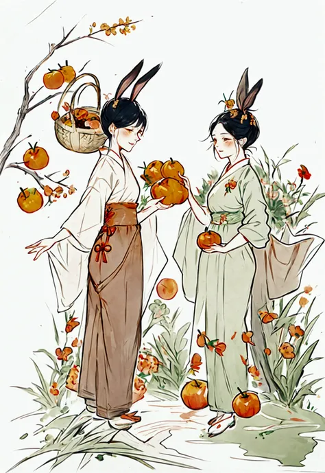 The rabbit is holding a carrot, next to it is a basket of harvest pumpkins, corn, persimmons, apples, pears, with Persimmon tree next to it and fields in the distance, in the style of stasia burrington, insects, muted colours, serene faces, vintage imagery...